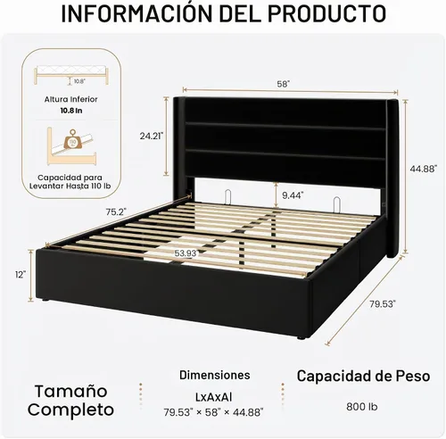 Vista 2 de SHA CERLIN Cama de Almacenamiento Elevable Tamaño Completo/Tapizada en Terciopelo/Cabecera Moderna Wingback/Marco de Cama Plataforma Negro