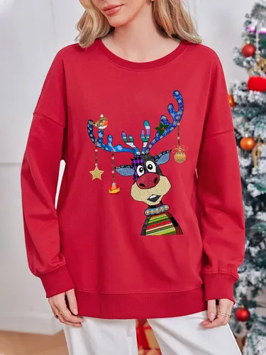 Vista 2 de Fisoew Sudaderas de Navidad de gran tamaño para mujer, manga larga, cuello redondo, estampado de reno, divertido y lindo suéter