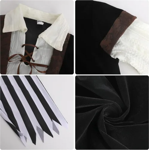 Vista 7 de TICIFEN Disfraz de pirata para niños, juego de rol de pirata, abrigo para niños, pantalones, sombrero con accesorios, juego de lujo para fiesta