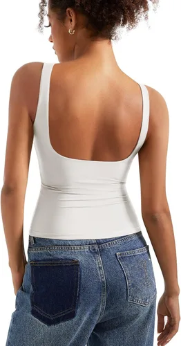 Vista 19 de SUUKSESS Camisetas sin mangas con respaldo abierto y cuello barco acolchado para mujer, con doble forro, camisas básicas Negro (Black Polka Dots)