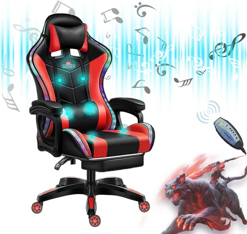 Vista 9 de Silla de juegos para adultos con reposapiés y masaje, silla de videojuegos con altavoces y luces LED RGB, piel sintética, sillas ergonómicas