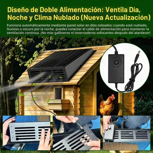 Vista 3 de Ventilador solar de 25 W para gallinero, ventilador de escape solar de 430 CFM con cable adaptador de corriente, ventilador de escape solar