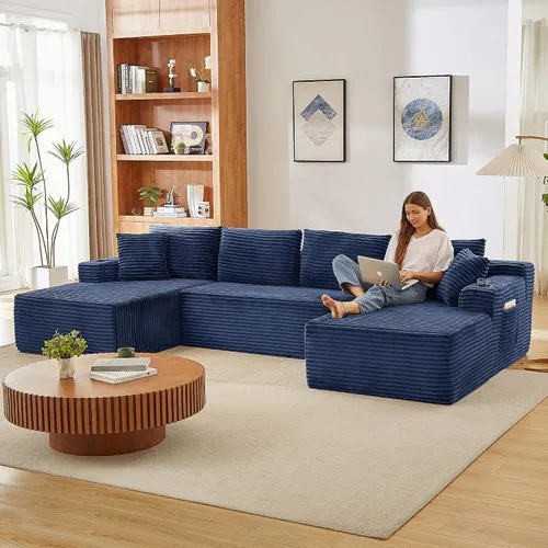 Vista 10 de Sofá modular de 133.5 pulgadas con tumbonas móviles, sofás deshuesados con portavasos para sala de estar, sofá modular en forma de U de gran