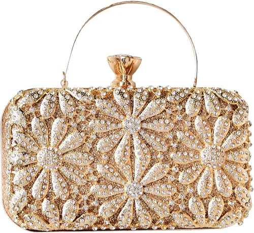 Vista 9 de Bolso de noche con flores de diamantes de imitación para mujer, monedero de lentejuelas brillantes, bolso de mano de cristal, bolso de hombro