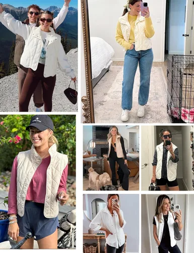 Vista 2 de Flygo Chaleco acolchado para mujer, ligero, sin mangas, cuello alto, con botones, acolchado con bolsillos
