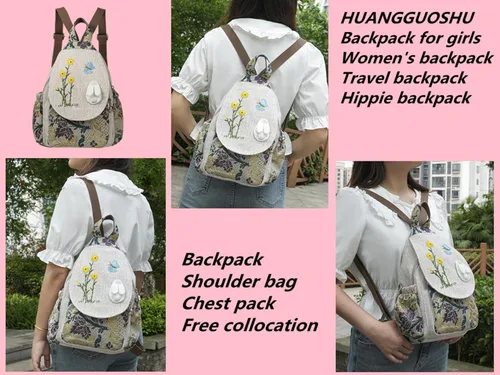Vista 125 de HUANGGUOSHU Mochila de algodón tejida de algodón bohemio con bordado de lona estilo bohemio con múltiples bolsillos retro linda mochila cartera