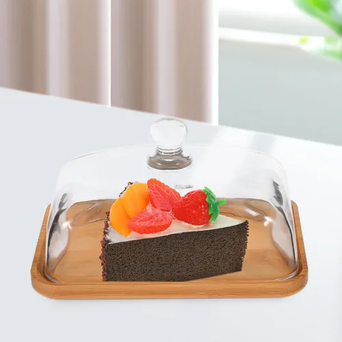 Vista 8 de Hemoton Plato de vidrio transparente para tartas con base de madera y cubierta de cúpula – 6.69 x 4.52 x 3.50 pulgadas, bandeja de postre