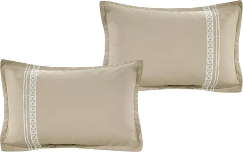 Vista 2 de ESCA Juego de edredón Hypatia beige de 7 piezas, tamaño Queen, bordado, estilo bohemio, ropa de cama floral