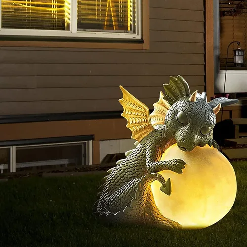 Vista 5 de G Ganen Estatua de dragón de jardín, esculturas de dinosaurio de resina para exteriores, bonitas figuras de dragón de jardín con luces LED