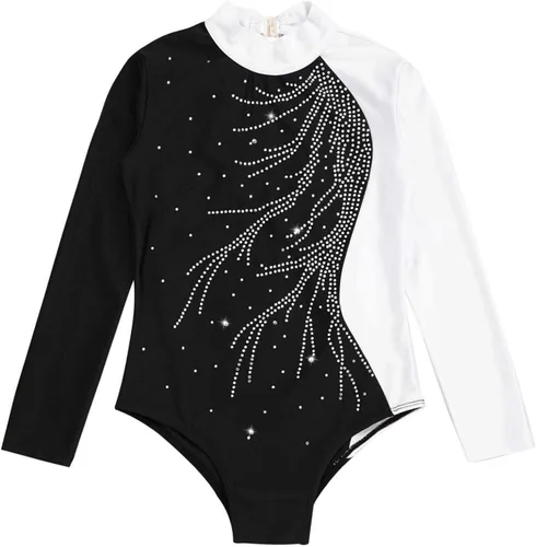 Vista 6 de Leotardos brillantes de manga larga con cuello en V para niñas de jazz latino moderno para baile de salón