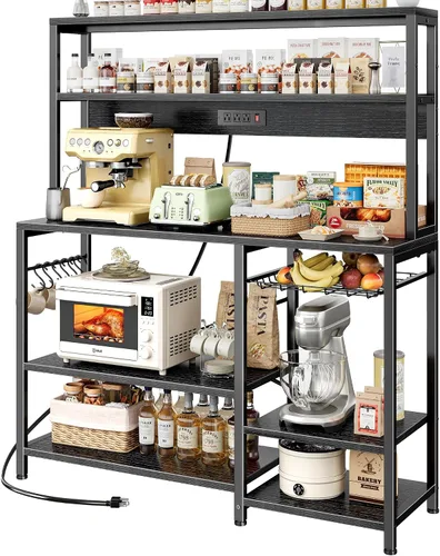 Vista 11 de SUPERJARE Estante de panadería con toma de corriente, barra de café de 35.4 pulgadas con canasta de alambre, soporte para microondas de cocina con 6