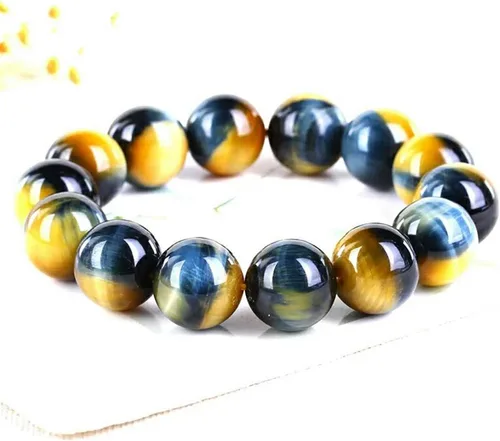 Vista 3 de Pulsera de ojo de tigre natural de 0.709 in para mujeres y hombres, piedra preciosa azul amarilla y azul con cuentas redondas grandes, pulsera