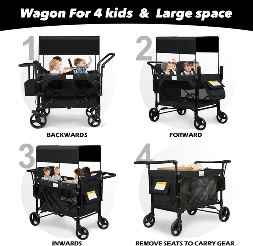 Vista 8 de VOOI Cochecito Vagón de 4 Asientos, Vagón para Niños, Cochecito Plegable W4 con Asientos con Arneses de 5 Puntos, Puerta con Cremallera de Fácil