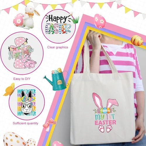 Vista 6 de 25 hojas de calcomanías de vinilo para planchar con conejo, huevos de Pascua, conejos, transferencia de calor, apliques para ropa, camisetas