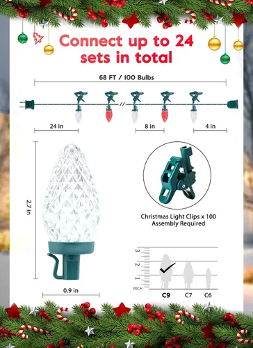 Vista 5 de Luces LED C9 de Navidad para exteriores, 68 pies, 100 luces LED de fresa con 100 abrazaderas de resorte, impermeable, grado comercial, extensible