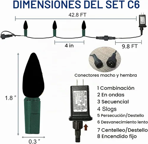 Vista 2 de Dazzle Bright Tira de luces de Navidad C6, 100 LED de 33 pies, luces de Navidad para exteriores, impermeables, conectables, 8 modos de luces