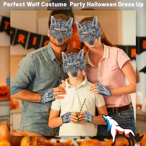 Vista 6 de Máscara de lobo con cola y guantes, disfraz de hombre lobo para hombres, mujeres y niños, disfraz de fiesta de Halloween, cosplay