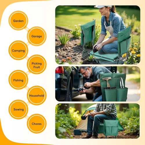 Vista 7 de Simple Deluxe Rodillero y asiento de jardín, taburete plegable con almohadilla de espuma EVA más gruesa, banco resistente, con bolsa