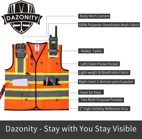 Vista 3 de Dazonity Chaleco de seguridad con múltiples bolsillos, 2 piezas, reflectante y de alta visibilidad para el trabajo, construcción, estacionamiento