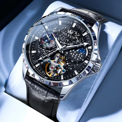 Vista 2 de OLEVS Relojes de cuero para hombre, mecánico automático, esqueleto Tourbillon, diamante, de lujo, cuerda automática, relojes de pulsera de vestir
