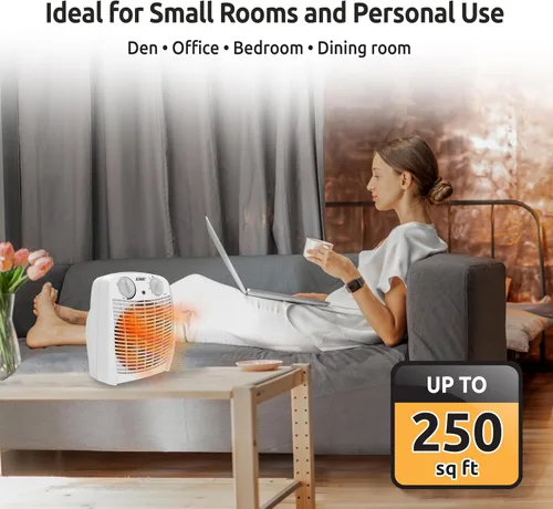 Vista 2 de EZ-HEAT Calentador de espacio portátil para interiores de 750/1,500 vatios con termostato ajustable, sensor de sobrecalentamiento, interruptor
