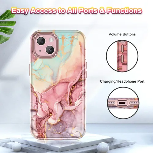 Vista 8 de Btscase Funda para iPhone 15 de 6.1 pulgadas (2023), patrón de mármol 3 en 1, resistente a prueba de golpes, cuerpo completo, policarbonato