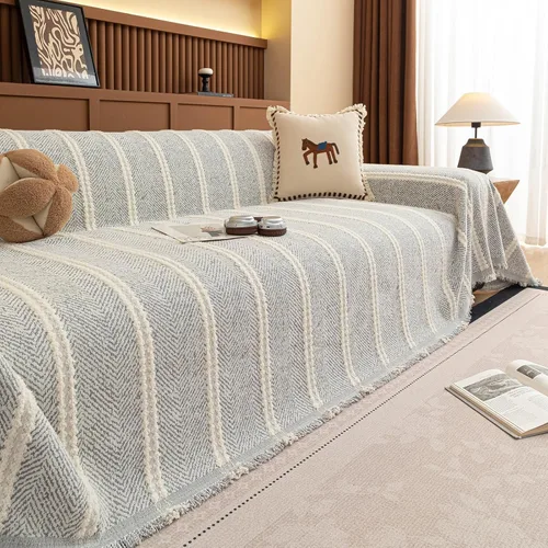 Vista 27 de HANDONTIME Chevron Pattern Couch Cover Vertical Striped Jacquard Sofa Cover Modern Minimalist, Khaki and White, Sofa Covers Washable, Pet Friendly