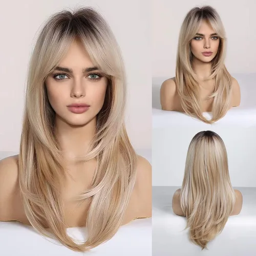 Vista 12 de HAIRCUBE Pelucas Auburn para Mujeres, Pelucas Largas en Capas Naranjas con Flequillo, Pelucas de Fibra Sintética Resistentes al Calor