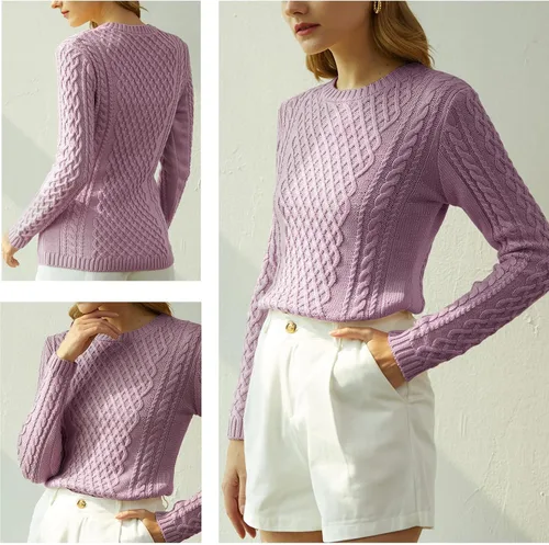 Vista 3 de v28 - Suéter elástico de punto trenzado con cuello redondo y manga larga para mujer