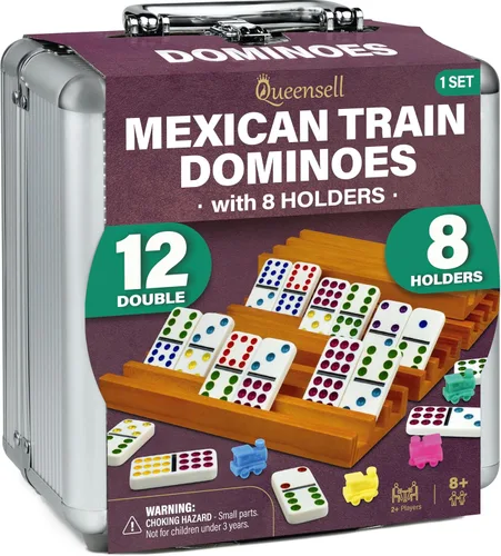 Vista 10 de Queensell Juego de dominó de tren mexicano doble 12 – Juego de dominó jumbo para adultos, 91 azulejos con puntos coloridos, cubo de madera, tren