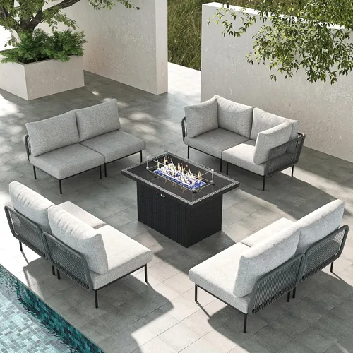 Vista 13 de LayinSun Juego de muebles de patio de aluminio de 7 piezas, sofá modular moderno con mesa auxiliar y cojín de grosor mejorado Gris claro