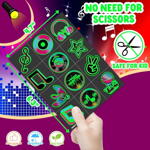 Vista 6 de 96 piezas de notas musicales que brillan en la oscuridad precortados tatuajes temporales para niños Luminous Musical Themed Birthday Party
