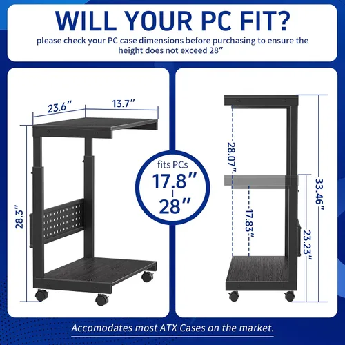 Vista 3 de Soporte de torre para computadora, soporte de torre para PC con ruedas, doble nivel y soporte de CPU ajustable de 5 niveles (23.2-33.5 pulgadas)