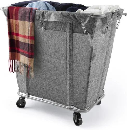 Vista 10 de PLKOW - Cesta de lavandería con ruedas de 120L, carrito de lavandería resistente con bolsa impermeable extraíble, cesta de ropa con estructura