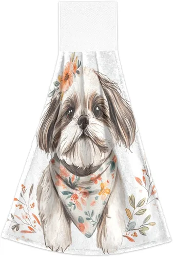 Vista 2 de Toalla de baño con diseño de acuarela, cara de perro, floral, lavanda, floral, calabaza, Halloween, juego de 2 toallas de Navidad para baño