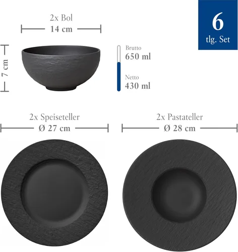Vista 3 de Villeroy & Boch Manufacture Rock Starter - Juego de vajilla de porcelana de alta calidad, platos llanos para pasta, 2 platos, negro/gris