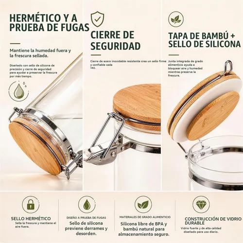 Vista 4 de KKC HOME ACCENTS - Recipiente de café de vidrio de 40 onzas (capacidad para granos de café de 1 libra) con tapa hermética de bambú, recipiente
