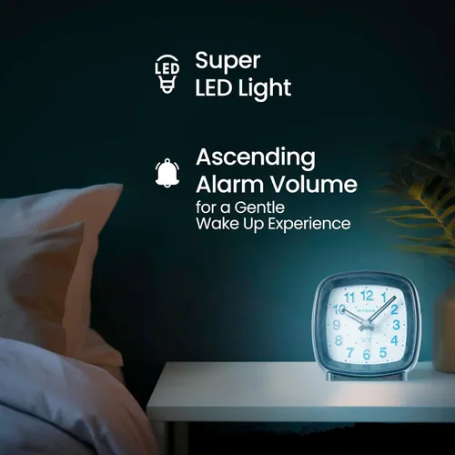 Vista 5 de Miykon Reloj despertador analógico cuadrado pequeño – Silencioso sin tictac, funciona con pilas con luz LED y repetición – Escritorio, mesa, viaje