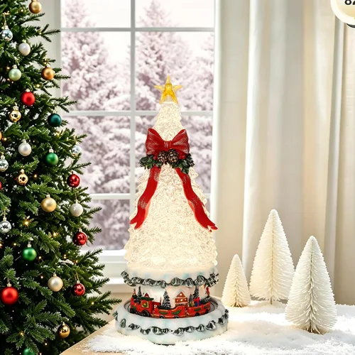 Vista 2 de Globo de purpurina animado, iluminado y musical con arco de Navidad Blanco