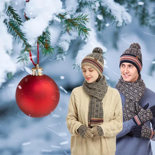Vista 4 de 3 piezas de gorro de invierno bufanda y guantes para pantalla táctil para mujer, gorro de punto, gorro de cuello cálido, bufanda con forro polar