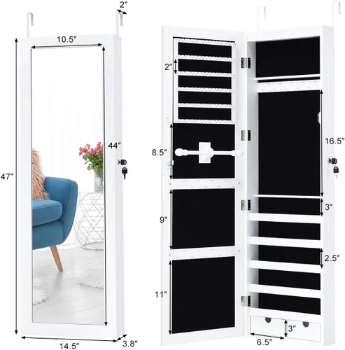 Vista 6 de Giantex Armario de joyería para colgar en la pared, armario de joyería con cerradura con espejo de longitud completa, 15 luces LED, organizador