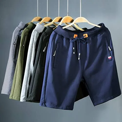 Vista 5 de Pantalones cortos casuales de verano de algodón de ajuste clásico con cintura elástica y bolsillos con cremallera
