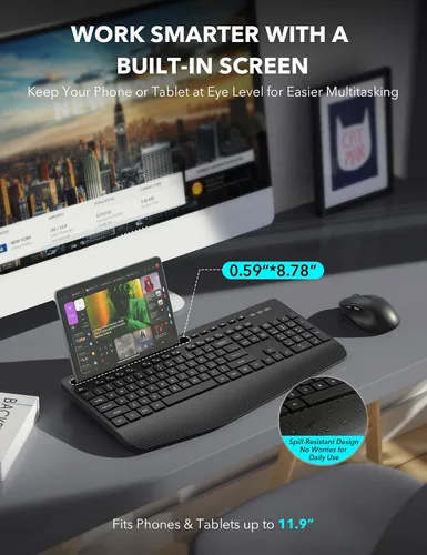Vista 3 de Combo de teclado y mouse inalámbrico - Teclado ergonómico de tamaño completo con reposabrazos, soporte para teléfono, modo de suspensión, combo