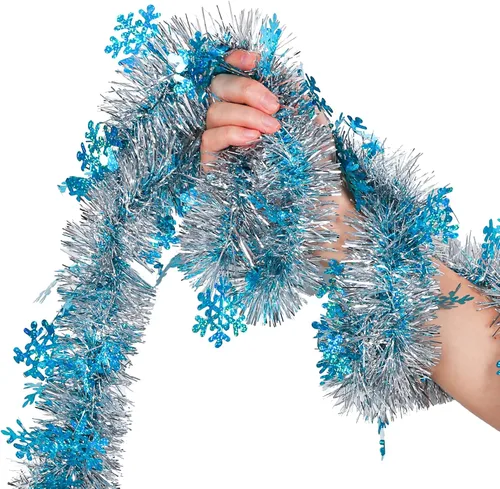 Vista 4 de AnyDesign Guirnalda de oropel de Navidad de 32.8 pies, color azul plateado metálico con copos de nieve para árbol de Navidad, aula, oficina, fiesta