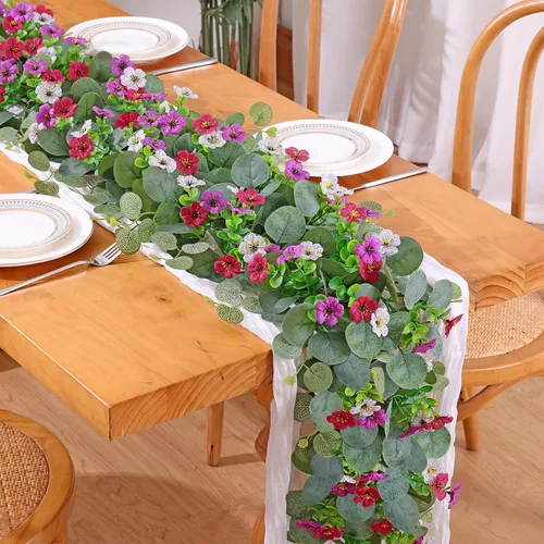 Vista 6 de 12.4FT Artificial Eucalyptus Flowers Garland 2PCS Faux Greenery Home Decor Green and Colorful-2pcs