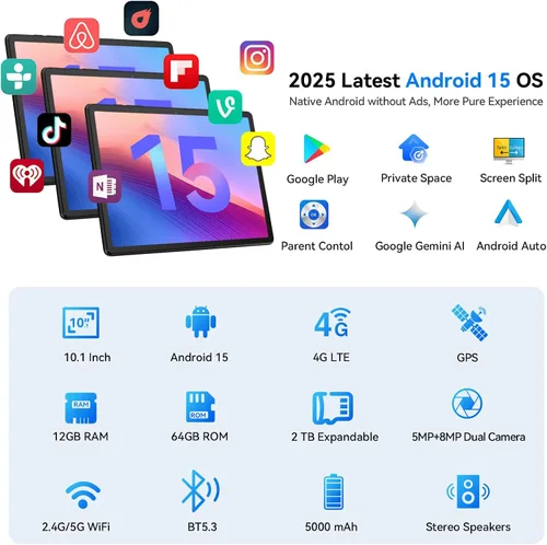 Vista 2 de Topsand Tablet Android 15 de 10 pulgadas con ranura para tarjeta SIM desbloqueada, teléfono tablet 4G celular, Octa-Core, 12GB+64GB, ampliable a