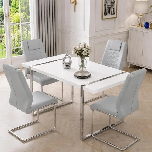 Vista 19 de Juego de mesa de comedor moderna de 55 pulgadas para 4, mesa de comedor negra y marco de metal dorado, mesa de comedor rectangular con 4 sillas