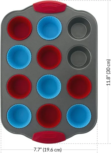 Vista 6 de Boxiki Kitchen Baking Duo: Mini Molde para Muffins de 12 tazas con revestimientos de silicona y silicona antiadherente 8x8 Square Cake and Brownie