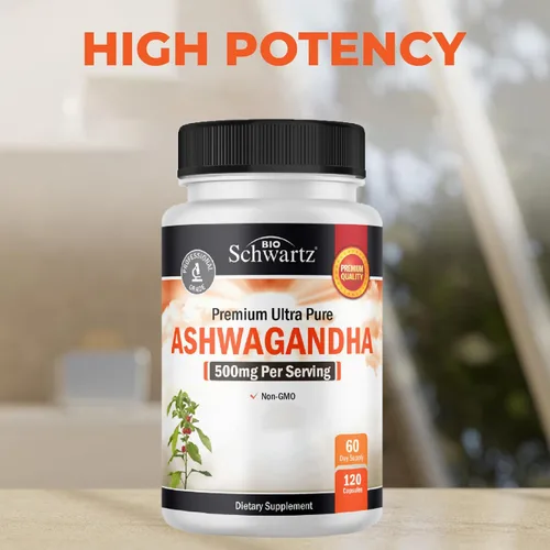 Vista 6 de BioSchwartz Ashwagandha Supplements - Cápsulas de Ashwagandha extra fuertes de 500 mg por porción, sin gluten, sin OMG, fabricadas en los Estados