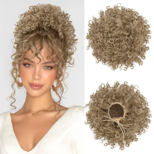 Vista 17 de PEACOCO - Piezas de pelo para moño desordenado para mujer, gran moño afro rizado elástico con cordón, moño de onda suelta sintético, extensión